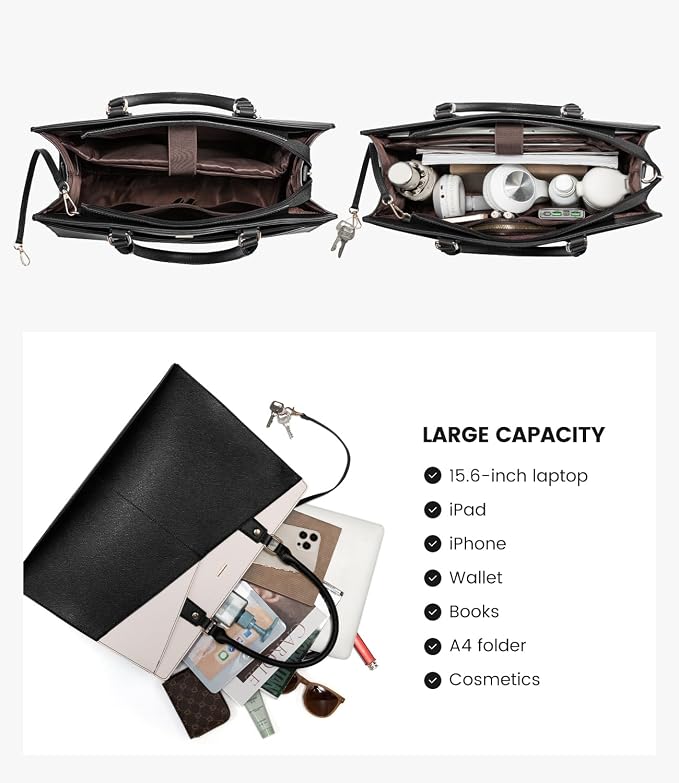LOVEVOOK Laptop Tote Bag for Women, Waterproof Leather Business Office Work Bag Computer Briefcase with Small Clutch fit for 17.3 Inch Laptop,Black-Beige