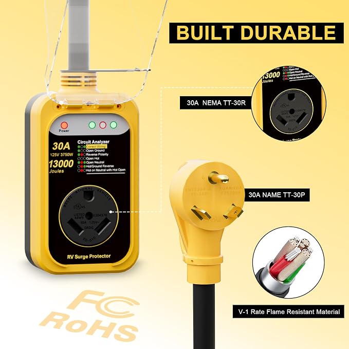 RV Surge Protector 30 Amp, 13000 Joules RV Circuit Analyzer with Waterproof Cover,RV Adapter Plug for Camper Travel Trailerss (30AMP-Yellow)