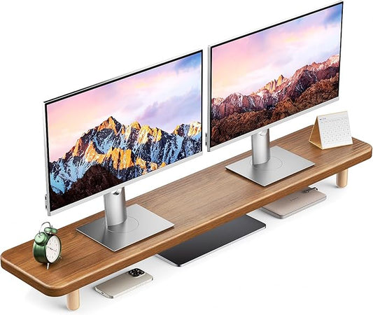 Dual Monitor Stand Riser, 39 Inch Extra Long Wooden Desktop Monitor Riser with Storage for 2 Monitors Ultra Strong Desk Shelf Organizer Riser Ergonomic for 2 Screens/Laptop/PC/TV/Printer (Walut brown, 39inches)