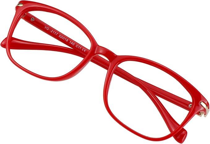 VisionGlobal Blue Light Blocking Glasses for Women Men, Stylish Square Frame (Red, No Magnification)