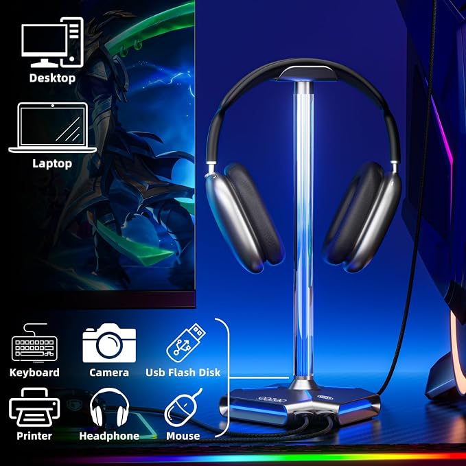 RGB Headphone Stand with 2 USB Ports & Extension Cord, Gaming Headset Holder for Desktop, PC Gaming Accessories, Gifts for Teen Boys, Men, Boyfriend, Gaming Setup Organizer