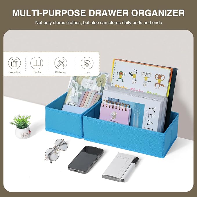 DIMJ Drawer Organizers - Set of 4 Fabric Closet Organizers and Storage, Drawer Dividers for Baby Clothes, Socks, Belt, Tie (Blue)