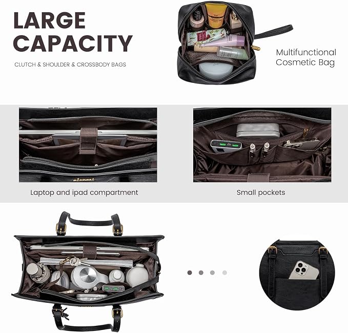 LOVEVOOK Laptop Bag for Women Vintage Leather Work Tote 15.6 inch Large Capacity Computer bag with Clutch Purse for Office, Travel, Casual