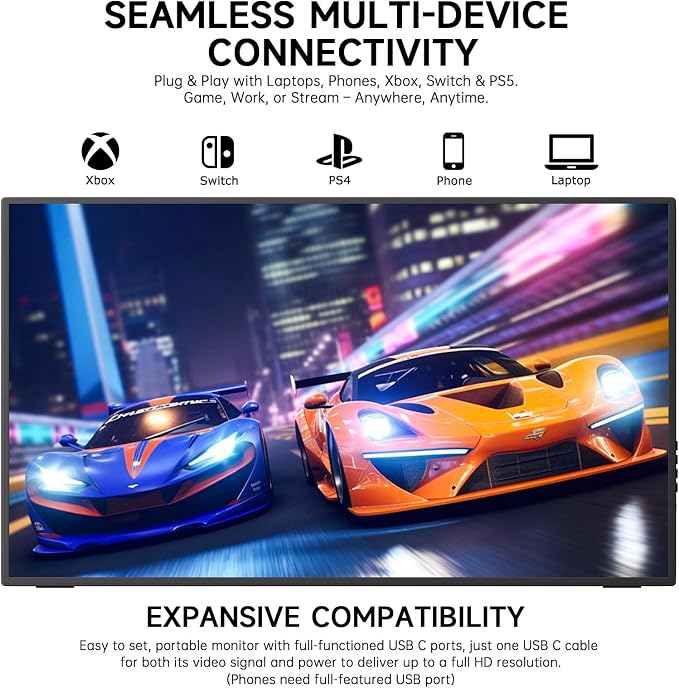 24.5" 2K Portable Monitor, 165Hz Gaming Monitor with 100% sRGB IPS Panel, Built-in Adjustable Stand & VESA Mount, USB-C HDMI External Second Screen for Laptop, PC, Phone, Xbox, PS5, Switch