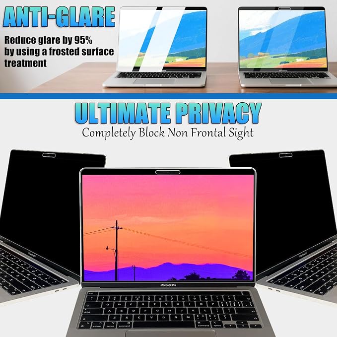 Privacy Screen Protector for MacBook Pro 13 Inch (2016-2022, M1,M2) - Nano-Suction Removable Anti-Spy Filter, Blue Light Blocking, Ultra-Thin Design