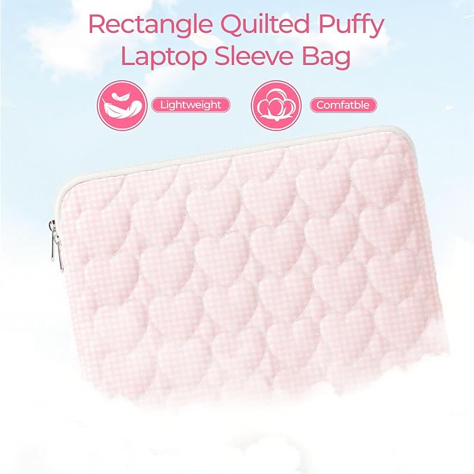 13-14 inch Cotton Quilted Laptop Sleeve for Women, Aesthetic Puffy Laptop Case Carrying Bag Compatible with MacBook Air/Pro 13/Pro 14, Soft Computer Liner Bag (Pink Gingham, 13.3inch)