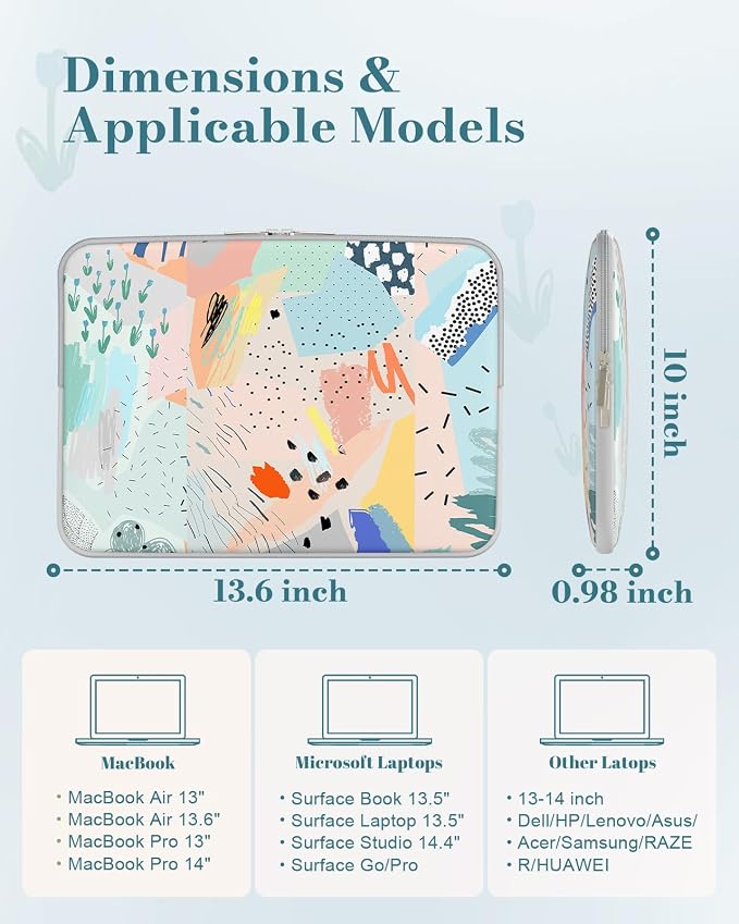 iCasso Laptop Sleeve 13 inch for MacBook Air 13-13.6 inch, Cute Laptop case for MacBook Pro 13 inch 14 inch, Slim Protective Travel Carrying Case Sleeve for 14 inch Chromebook, HP, Del，Pastel Abstract