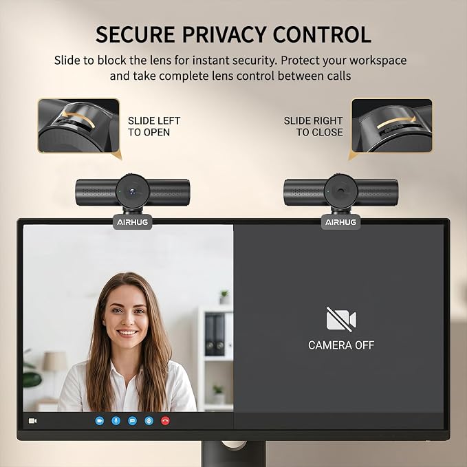 AIRHUG 4K 30fps Webcam - Sony 16MP Sensor, PDAF Autofocus, Auto Light Correction, Dual Omnidirectional Mics, 63° Focused View for Streaming Camera, Built-in Privacy Cover, Plug & Play for Windows/Mac
