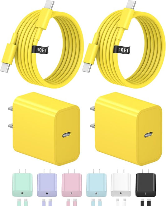10FT iPhone 17 16 15 Charger Fast Charging USB C Charger Block Type C Chagrer Fast Charging 2-Pack for iPhone 17/17 Plus/17 Pro/17 Pro Max/iPhone 16/16 Plus/16 Pro/16 Pro Max/15/15 Pro Max(Yellow)