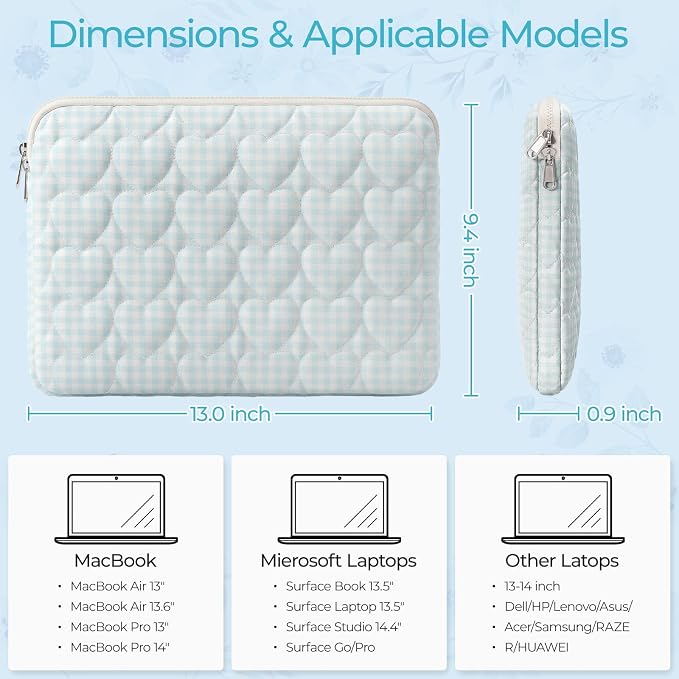 13-14 inch Cotton Quilted Laptop Sleeve for Women, Aesthetic Puffy Laptop Case Carrying Bag Compatible with MacBook Air/Pro 13/Pro 14, Soft Computer Liner Bag (Blue Gingham, 13.3inch)