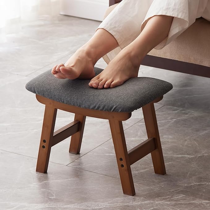 Kitsanery Foot Stool,Ottoman,Bamboo Small Sofa Foot Rest Under Desk,Extra Seating for Living Room, Bedroom and Kitchen (Brown Stool Legs - Gray Surface)
