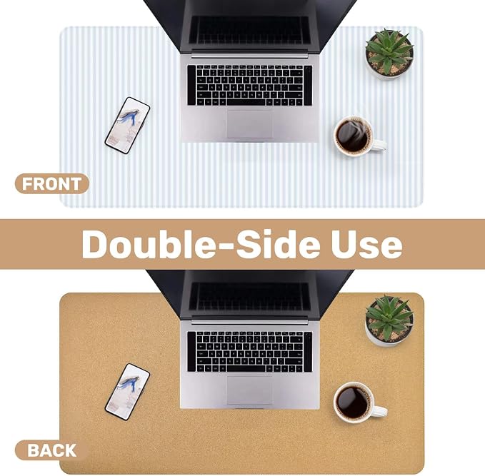 Large Mouse Pad Leather Non-Slip Waterproof Gaming Mouse Pad for Office Laptop Home Blue White Vertical Stripes Desk Protector Mat 31.5"x13.7" Writing Pad