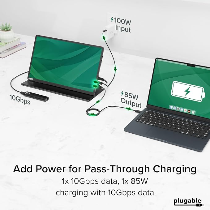 Plugable 15.6" USB-C Portable Monitor with 100W Pass-Through Charging | 2X USB-C 10Gbps Hub | FHD 1920x1080 IPS Display for Mac, Windows, iPad, Smartphone | 1.85lbs, Travel Cover/Stand Included