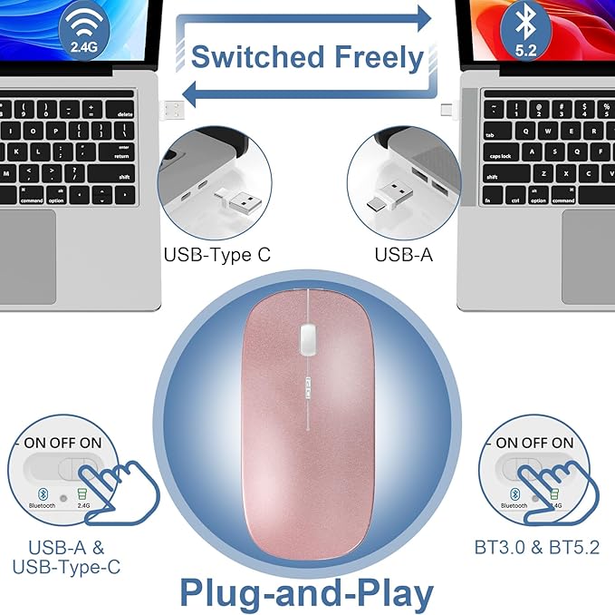 Kovess Wireless Bluetooth Mouse for Mac Air MacBook Pro Laptop PC Pad Optical Rechargeable Silent Mouse with Jiggler Mode Dual Mode Switch Bluetooth 5.2/3.0 and 2.4G USB-A & USB-C Receiver Silvery