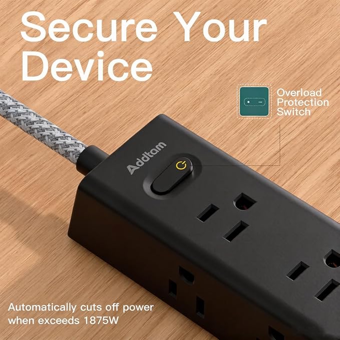 Addtam Black Power Strip Surge Protector with 12 AC Outlets & 4 USB Ports, 25FT Extra Long Extension Cord, Flat Plug, 1050J, Wall Outlet Extender for Garage Workshop Basement Warehouse, ETL Listed