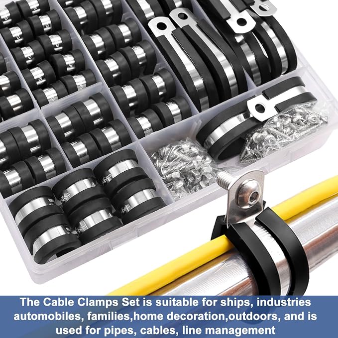 Taiss 222PCS Cable Clamps Assortment Kit 304 Stainless Steel Rubber Cushion Pipe Clamps 10 Sizes 1/4" 5/16" 3/8" 1/2" 5/8" 3/4" 1" 1-1/4" 1-1/2" 1-3/4" Metal Wire Clamps (with Two Kinds of Screws)