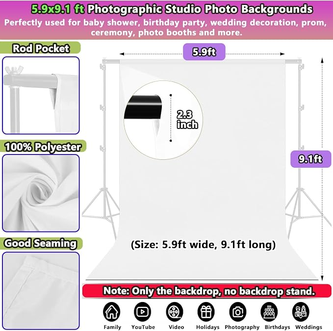 6x9 ft White Backdrop for Photoshoot, Premium Quality White Background Screen Polyester Picture Photography Backdrop Photoshoot Accessories Content Creator Background for Studio Video Photo Booth