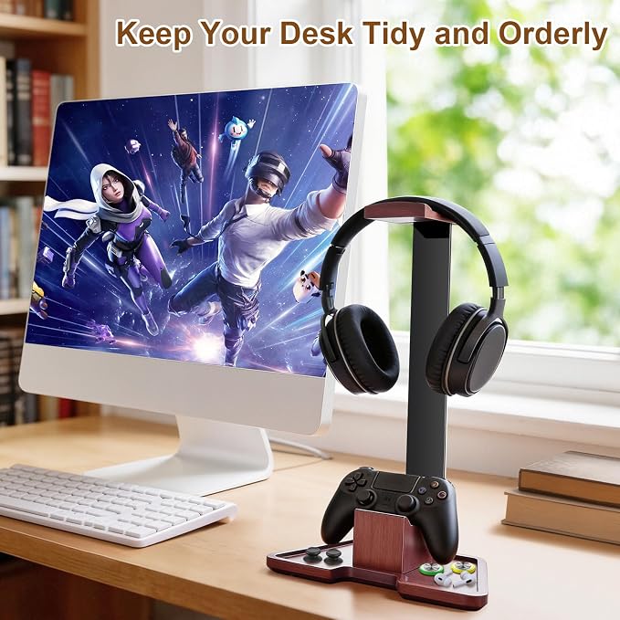 Headset Stand with Gaming Controller Holder, Walnut Wood Headphone Stand with Storage Base,Gaming Equipment Accessories for Desk, Boyfriends, Brothers, Xbox, PS4, PS5, PC