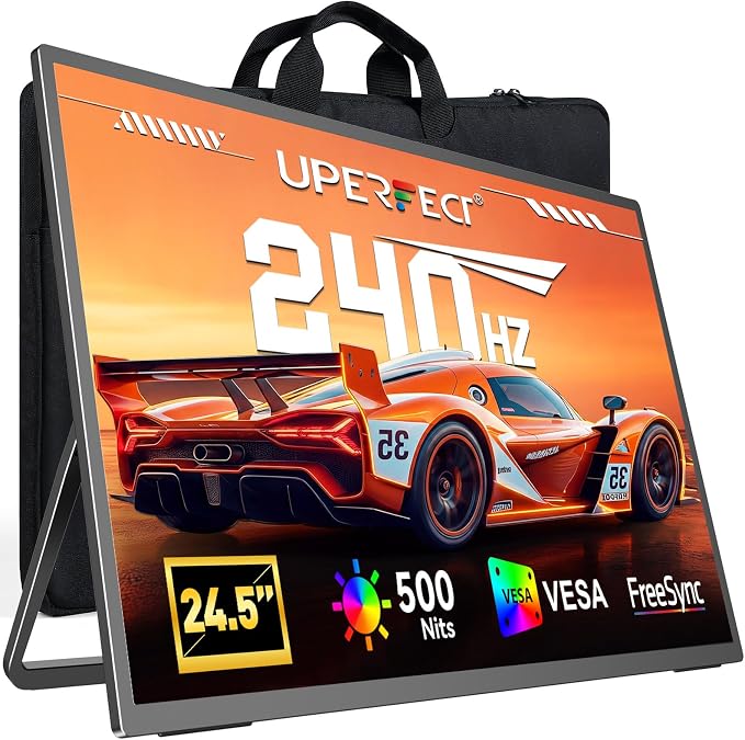 UPERFECT 24.5" Portable Monitor 240Hz Gaming Monitor 2000:1 Contrast FreeSync 0.1ms Fast IPS Large Screen, Built-in 180° Adjustable Stand/VESA, USB-C HDMI Second Screen for Laptop, Phone, Game Console