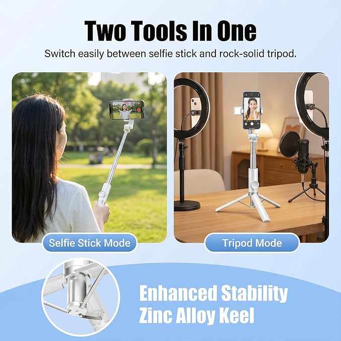 Selfie Stick Tripod Portable Extendable Cell Phone Stand with Detachable Mini Ring Light Phone Tripod Stand with Bluetooth Remote for iPhone Android for Vlogging/Travel/Live Streaming (White)