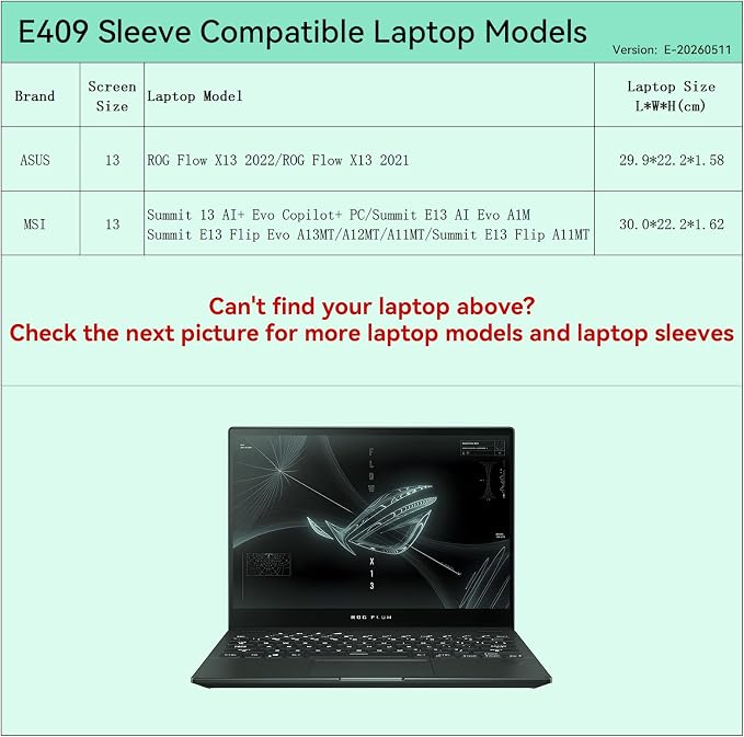 Smatree Elite Laptop Sleeve for 13.4 inch ASUS ROG Flow X13 2022/2021, MSI Summit E13 Flip Evo/E13 Flip, Protective Laptop Case with Pocket(E409)