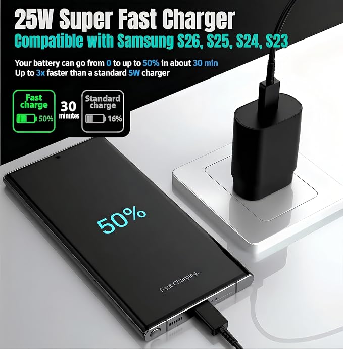 TT&C 25W Charger for Android, Super Fast Charging USB C Block & Type C Charge Cable Cord (6ft & 10ft) Compatible with Samsung Galaxy S26, S25, S24 Plus, S23, S22, & for iPhone 15/16/17-Black 2-Pack