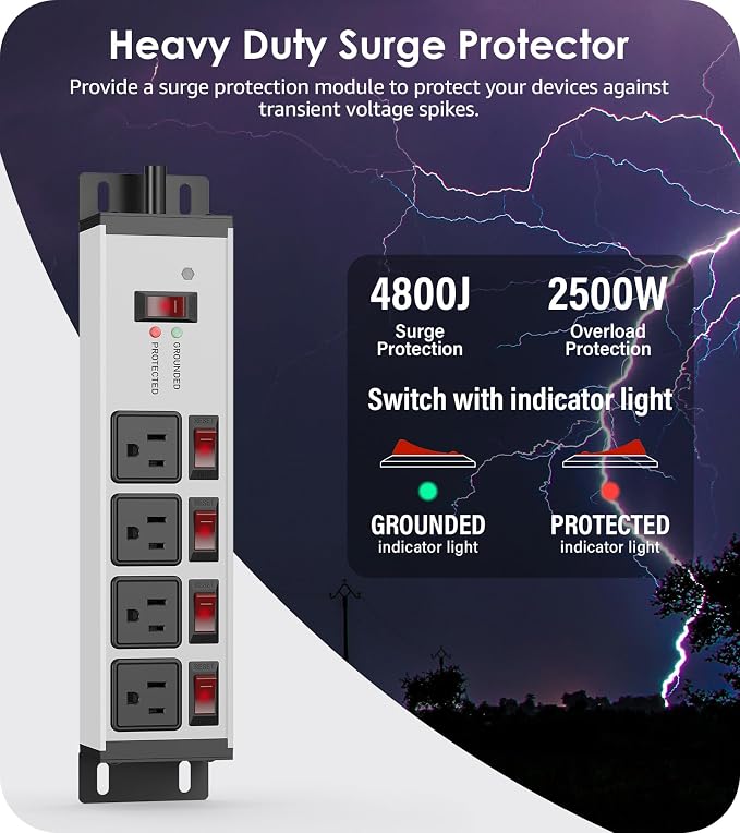 CCCEI Heavy Duty Surge Protector Power Strip 20 Amp Individual Switches. 12FT 12 Gauge Extension Cord with Multiple Outlets. Kitchen, Garage, Shop, Industrial Wall Mount Electric Extender, Grey.