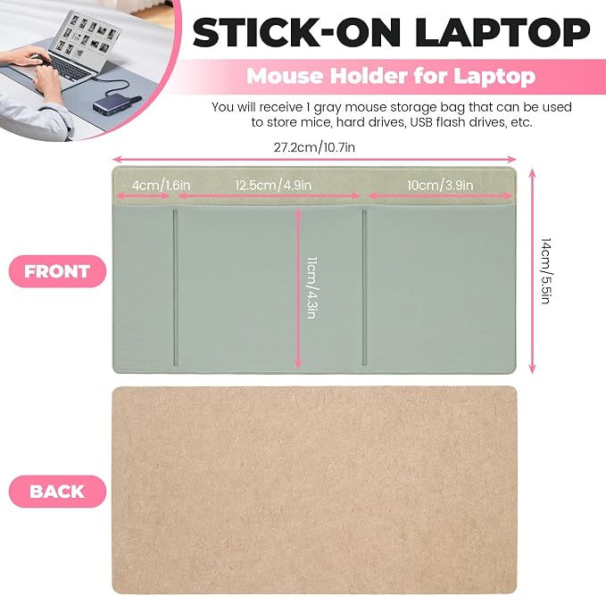 3-Pocket Laptop Pouch for Mouse & Hard Drive, Adhesive Holder Case Elastic Sleeve Pocket for External Portable SSD, Phone, USB Cable, Pen, Green