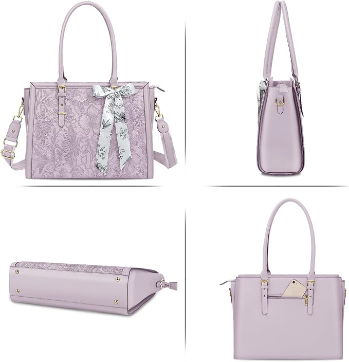 MOSISO Laptop Bag for Women, 17-17.3 inch PU Leather Tote Bag Compatible with MacBook, HP, Dell, Asus Notebook, Front Embossed Retro Hibiscus Computer Bags with Silk Scarf&Clutch Purse, Dusty Lilac