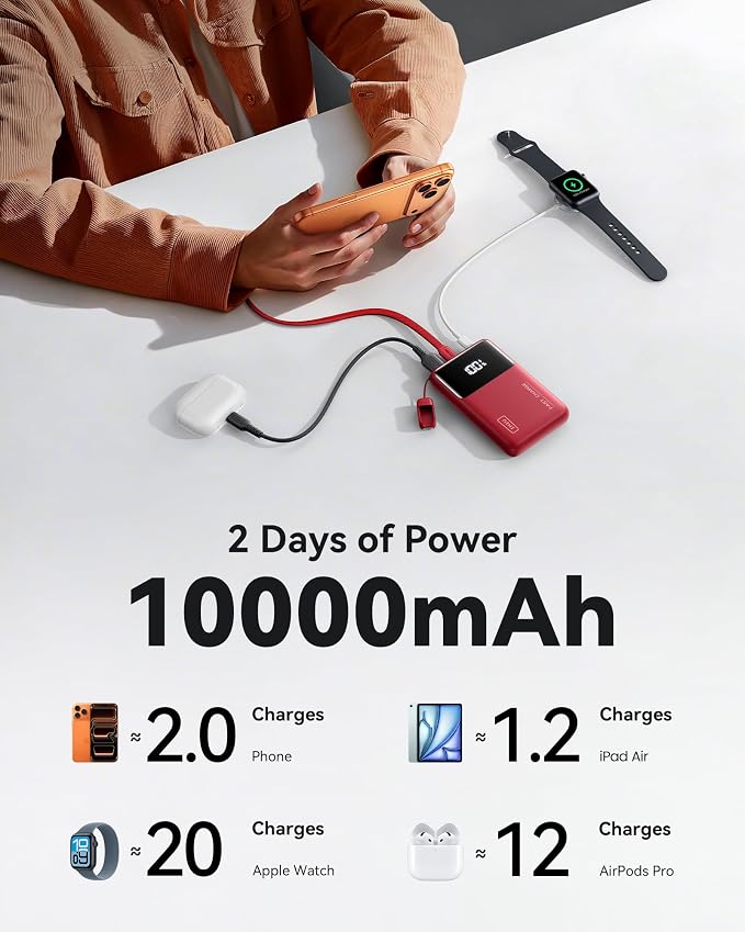 INIU Small Portable Charger, 45W PD Fast Charging 10000mAh Power Bank, Battery Pack with Attached USB C Cable, Travel Essentials Powerbank for iPhone 17 16 15 14 Pro Air, Xiaomi, Samsung S25, Red