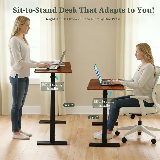 Mobile Standing Desk, Adjustable Height Desk with Hidden Casters, Portable Laptop Computer Table with Rolling Wheels, for Sit Stand Workstation, Compact and Sturdy for Home, Office, Dorm, Brown