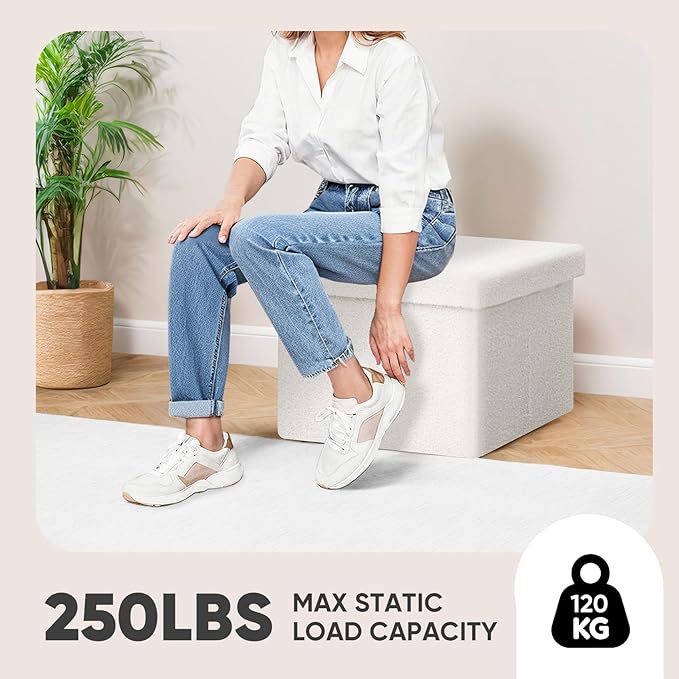 PINPLUS Storage Ottoman Cube Ottoman Foot Rest,Small Foldable Portable Boucle Upholstered Sherpa Ottomans, Faux Teddy Fur, White 16.5"x12.6"x12.6"