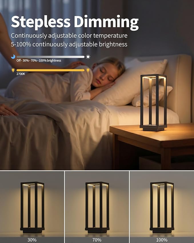 PUSU Cordless Waterproof Table Lamps, Black Outdoor Rechargeable 4000mAh Battery Operated Desk Lamp 2700K 3-Level Dimmable, Portable LED Lighting for Patio, Camping, Bedroom, Night Light