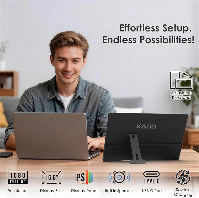 Kado Portable Monitor 15.6-Inch FHD 1080p, 45W Reverse Charging 1920x1080 USB-C HDMI Gaming Monitor IPS Display Built-in Speakers, Second Display Kickstand for Laptop PC Phone Mac Xbox PS4/PS5 Switch