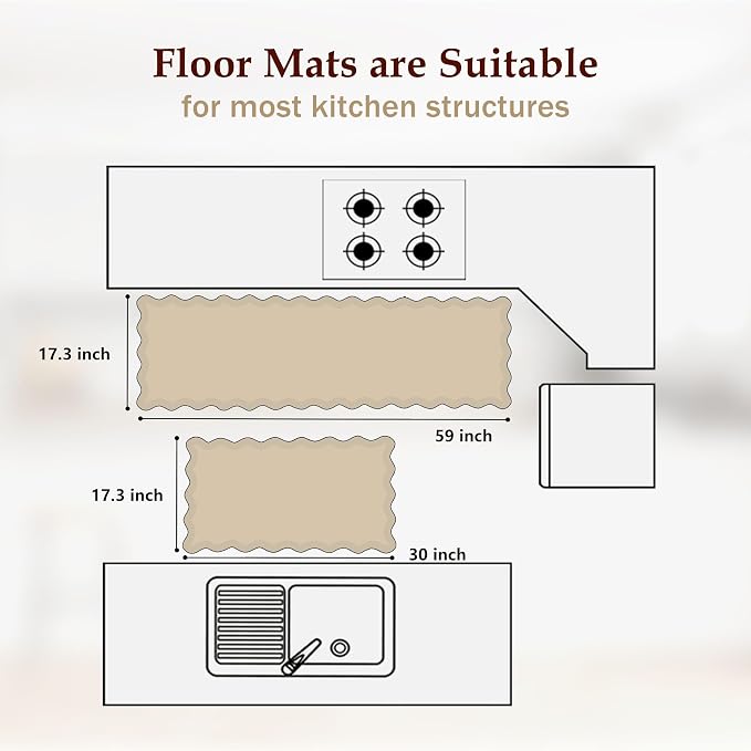 Arenarug Scalloped Kitchen Mats for Floor 2PC Cushioned Anti Fatigue Kitchen Mats Rugs Waterproof Non Slip Boho Floral Comfort Foam Standing Mat for Sink Laundry, White,17.3x30+17.3x59