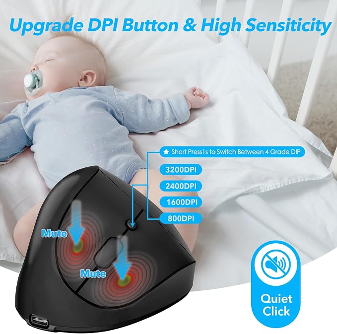 Left Handed Ergonomic Mouse Jiggler,Vertical Wireless & Rechargeable,2.4G USB Carpal Tunnel Lefty Mice with Undetectable Random Movement Keeps PC Laptop Awake-Black