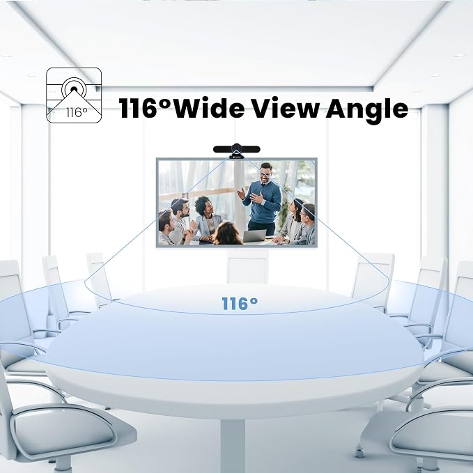 4K Webcam Conference Call TV Room Web Camera with Dual Microphones &Speaker, | All-in-One USB Video Camera, 116° Wide Angle, AI Auto Framing | Compatible with Zoom, OBS