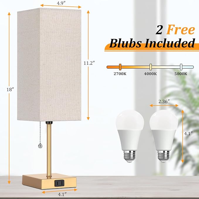 Table Lamp for Bedroom set of 2,3-Color Bedside Lamps with Pull Chain Table Lamps for Nightstand with AC Outlets,18'' Night Light Lamps with 2 Bulbs Lamps for Living Room Kids Office Decor（Glod）