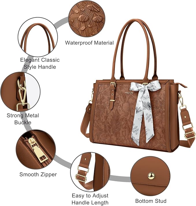 MOSISO Laptop Bag for Women, 15.6-16 inch PU Leather Tote Bag Compatible with MacBook, HP, Dell, Asus Notebook, Front Embossed Retro Hibiscus Computer Bags with Silk Scarf&Clutch Purse, Brown