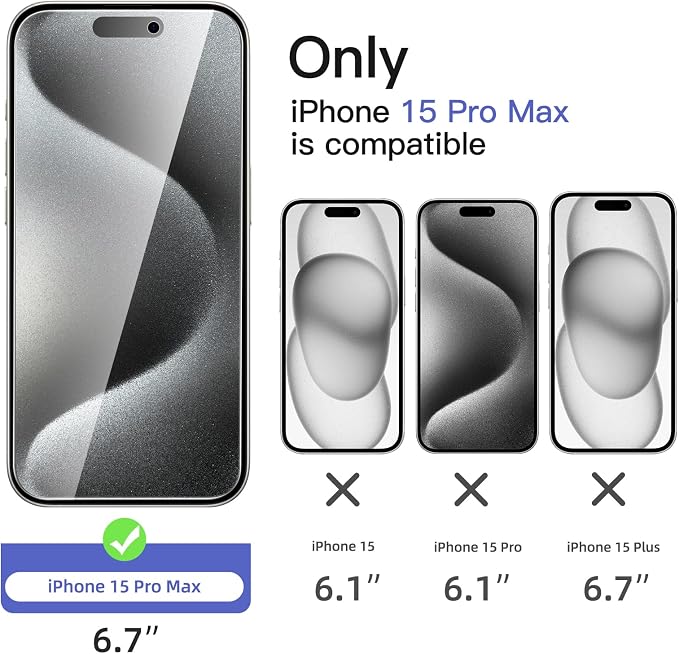 NEW'C 3x Privacy for iPhone 15 Pro Max Screen Protector (6.7 inches)+ 3x Camera Lens Protector, Sensor Protection, Case Friendly Tempered Glass Film + Dust Plug - Easy installation tool included