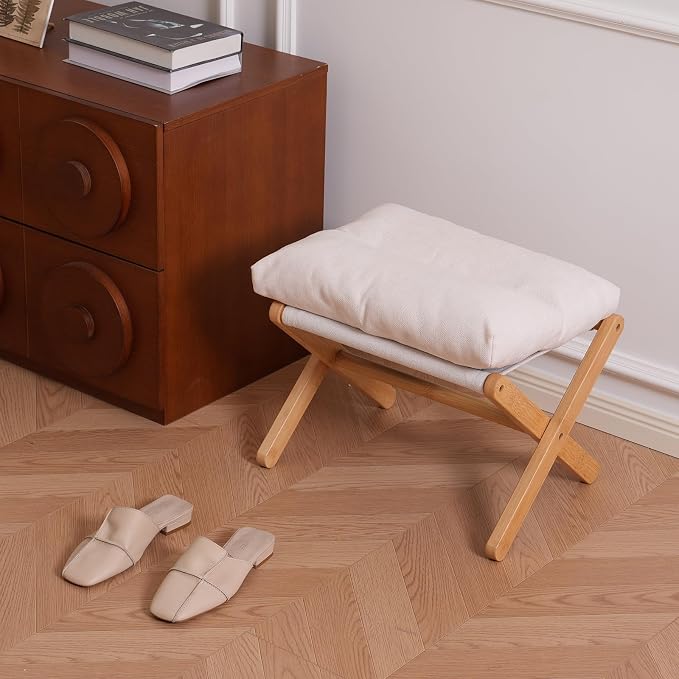 Baveke Ottoman Foot Rest- Bamboo Foldable Stool, Foot Stools Small Ottman with Upholstered & X Legs, Folding Shoe Bench, Bedroom and Living Room, Small Beige(FSC-Certified Bamboo)