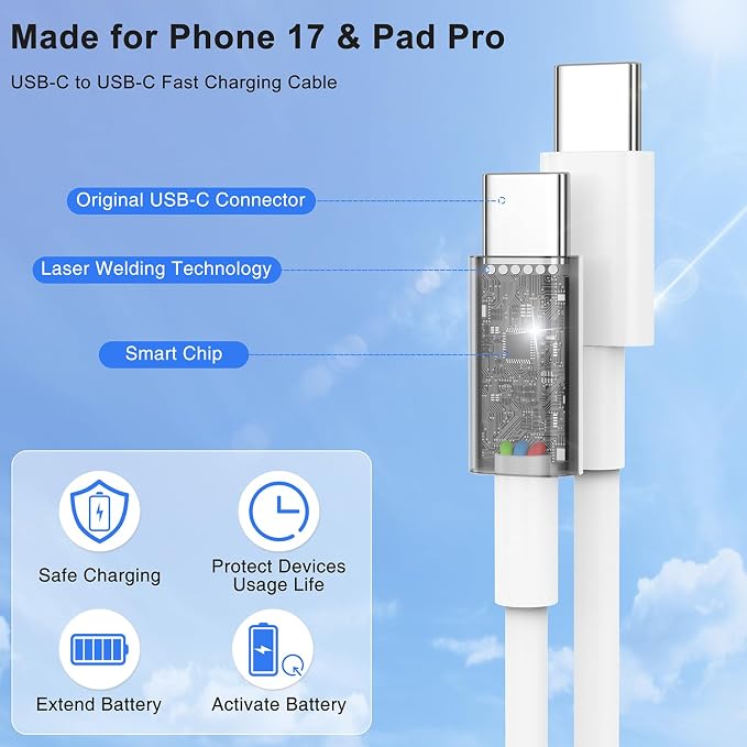 USB C to C Fast Charger Cable 15ft, Long Type C to USB C Charging Cord Wire for Apple iPhone 17 Pro Max/17 Air/16 Pro/15 Plus,MacBook Pro 2021/2020/2019/2018,iPad 12.9/11 inch/Mini/Air,Samsung Galaxy