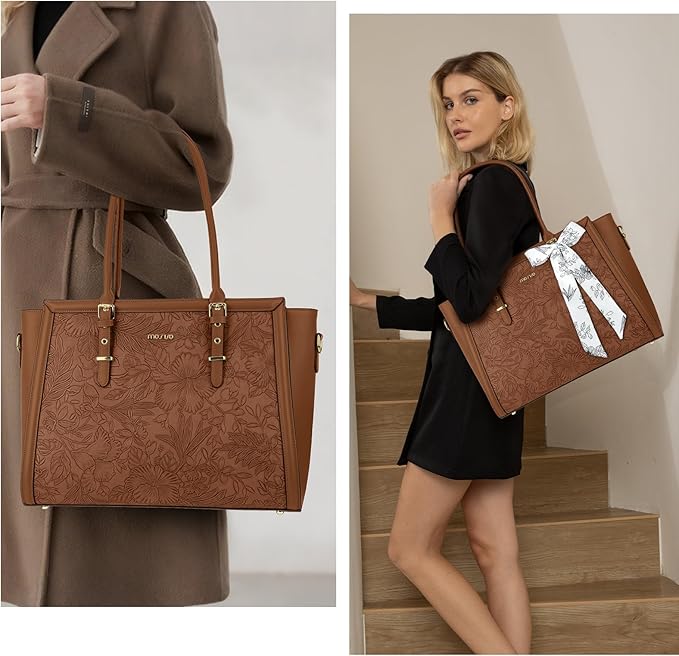 MOSISO Laptop Bag for Women, 17-17.3 inch PU Leather Tote Bag Compatible with MacBook, HP, Dell, Asus Notebook, Front Embossed Retro Hibiscus Computer Bags with Silk Scarf&Clutch Purse, Brown