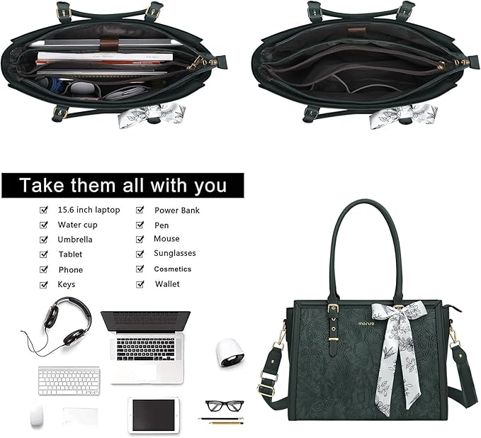 MOSISO Laptop Bag for Women, 17-17.3 inch PU Leather Tote Bag Compatible with MacBook, HP, Dell, Asus Notebook, Front Embossed Retro Hibiscus Computer Bags with Silk Scarf&Clutch Purse, Emerald Green