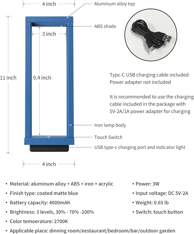PUSU Cordless Waterproof Table Lamps Set of 2, Blue Outdoor Rechargeable 4000mAh Battery Operated Desk Lamp 2700K 3-Level Dimmable, Portable LED Lighting for Patio, Camping, Bedroom, Night Light
