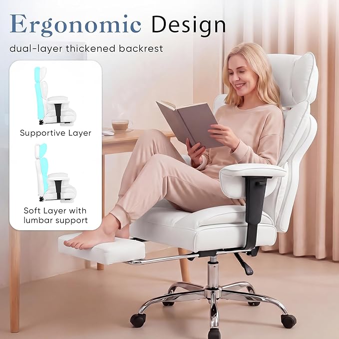 DUMOS Big and Tall Home Office Desk Chair, Gaming Computer Chair, Executive Ergonomic Chair with Footrest, High Back Reclining, Adjustable Armrests and Comfy Lumbar Support, PU Leather, White
