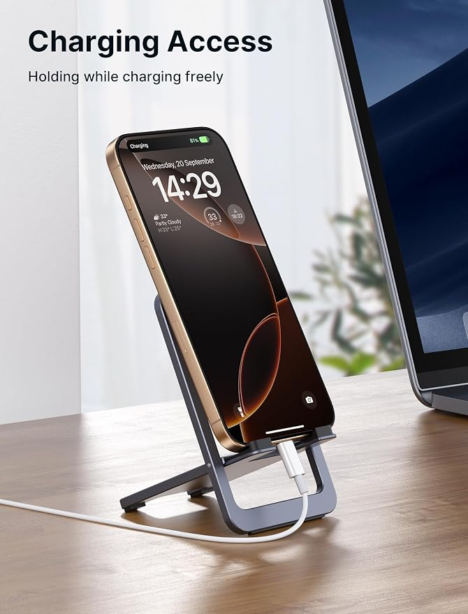 JSAUX Cell Phone Stand, Foldable Aluminum Adjustable Phone Holder for Desk Portable Travel Essentials Office Accessories for iPhone 17 16 15 14 13 Pro Max Samsung S25 S24 S23 Ultra Kindle-Gray