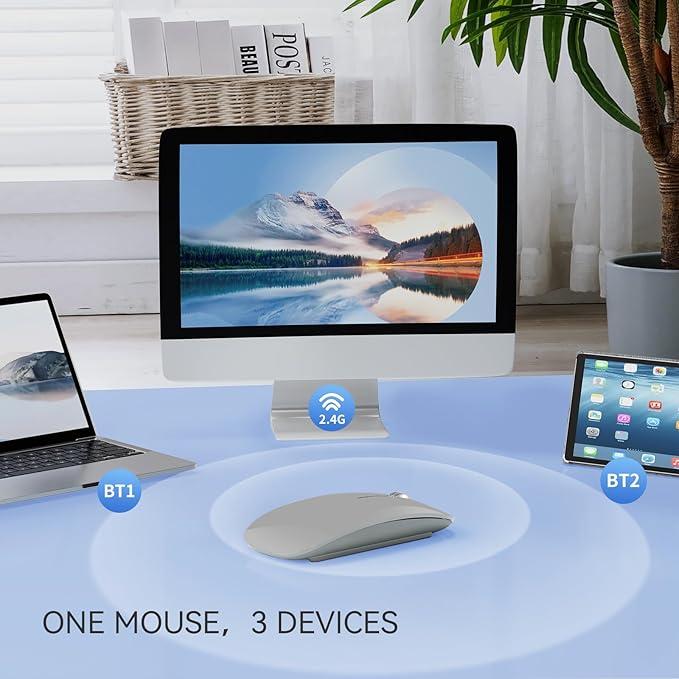 TENMOS M18 Bluetooth Mouse, USB C Rechargeable Wireless Mouse, Triple Mode (Dual Bluetooth+USB) Computer Silent Mice Portable with USB Receiver and Type C Adapter for Laptop/MacBook/iPad/PC - Grey