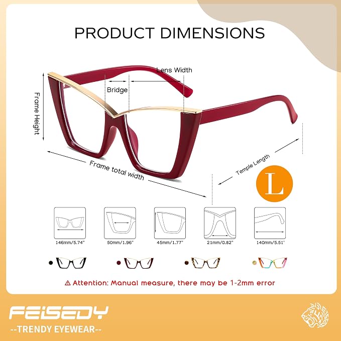 FEISEDY Fashion Cat Eye Blue Light Blocking Glasses for Women Fake Retro Eyeglasses Oversized Stylish Eyewear Frame B0240