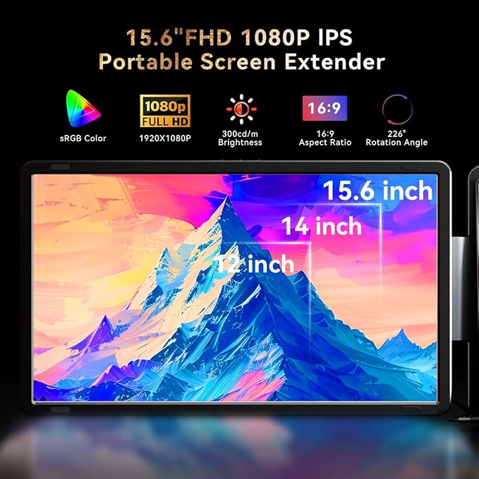 15.6" Laptop Screen Extender, FHD IPS Dual/Triple Screen Portable Monitor for Laptop 13-17.3", Plug n Play Extra Screen Detachable Laptop Monitor Extender for Win/Mac-S9H